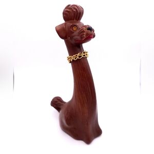Vintage Hong Kong Poodle Figurine – Carved Wood Look, Chain Collar, Kitsch Dog